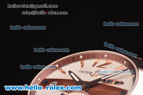 Ulysse Nardin Executive Dual Time ST22 Automatic Run 6@Sec Rose Gold Case with White Dial and Brown Rubber Strap 7750 Coating - Click Image to Close